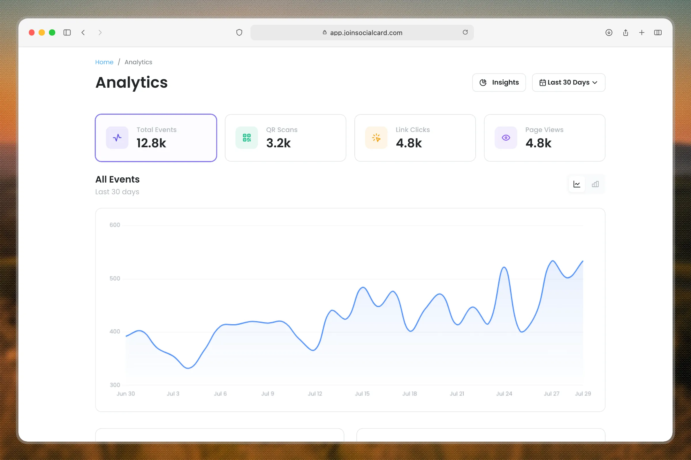The Social Card workspace Analytics dashboard: total events, QR scans, link clicks, and page views with a thirty-day engagement chart