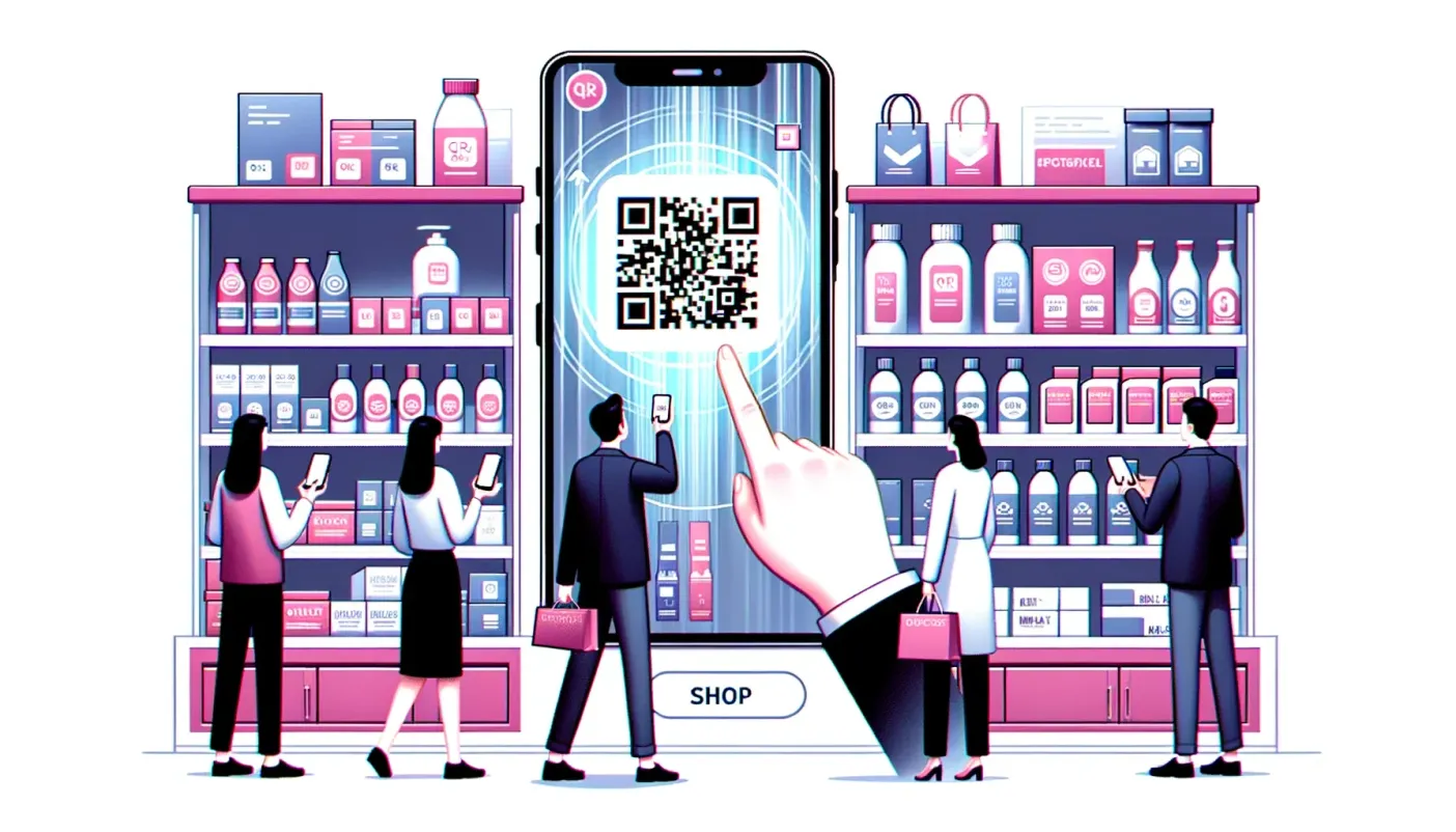 Shoppers scanning a product QR code on a phone in a retail store aisle