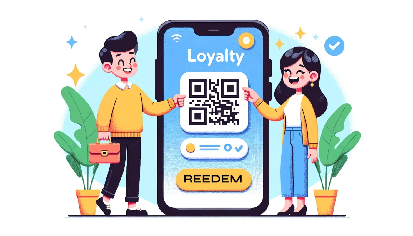 Two people scanning a loyalty program QR code on a phone to redeem rewards
