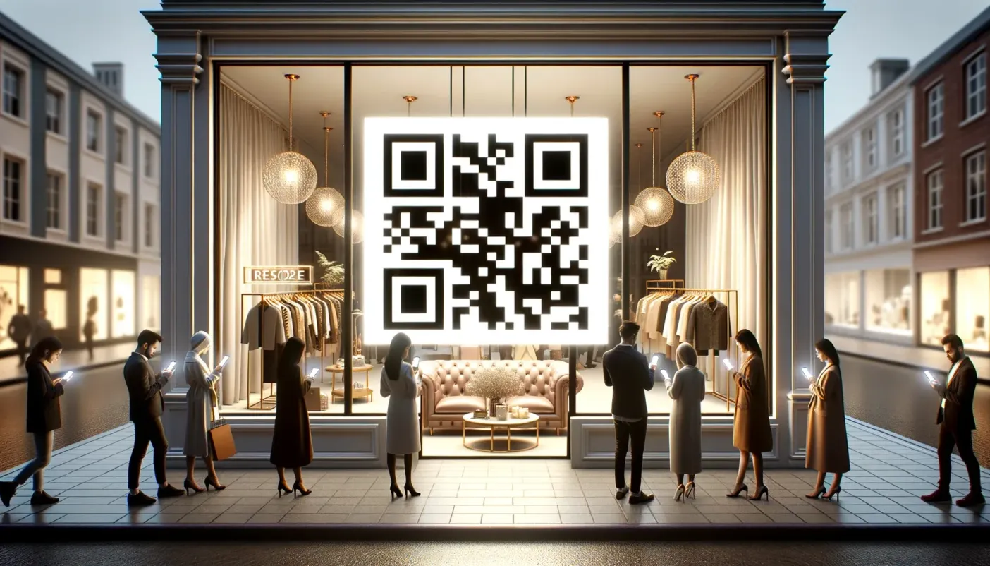 Shoppers scanning a large QR code in a boutique storefront window