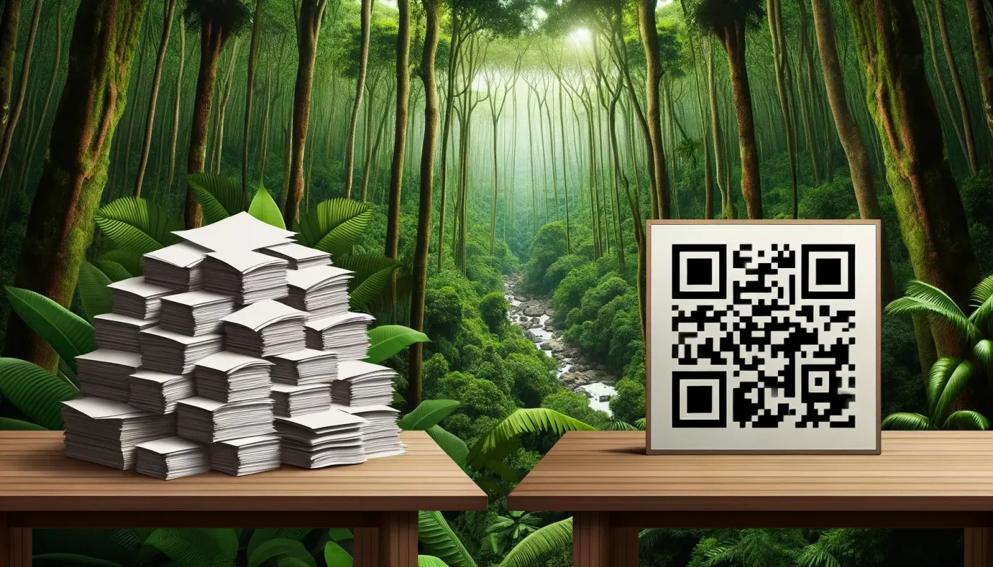QR code replacing a stack of paper next to a green forest, showing paperless operations
