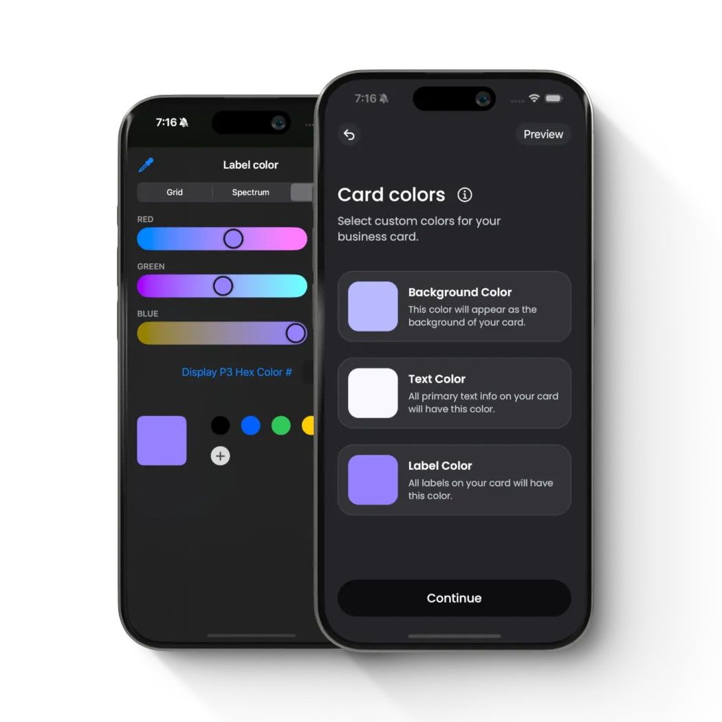 Social Card app card colors screen with background, text, and label color pickers