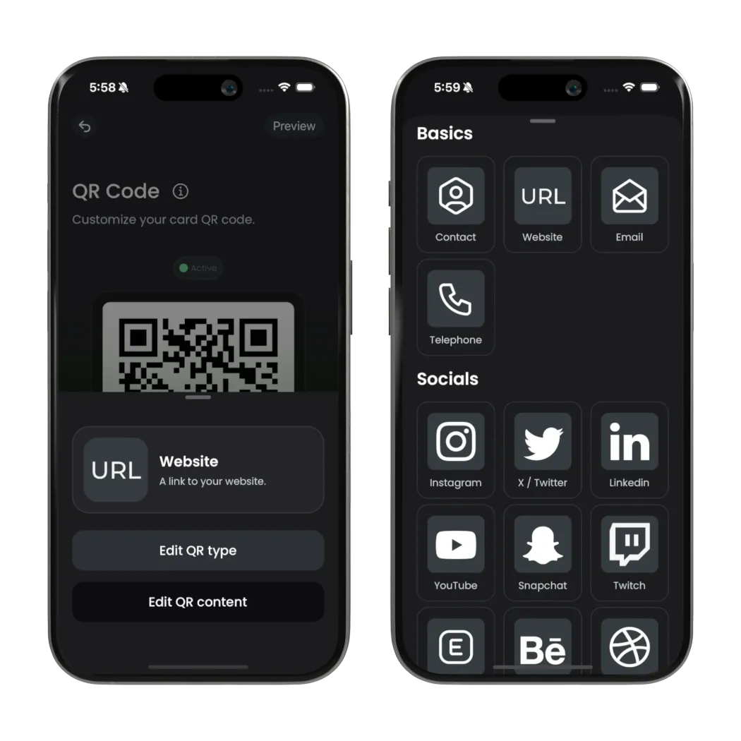 Social Card app QR code screen and the link type picker with contact and social options