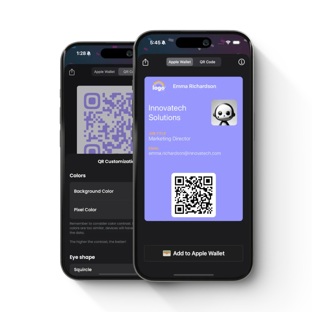 iPhone showing a finished purple digital business card with QR code ready to add to Apple Wallet