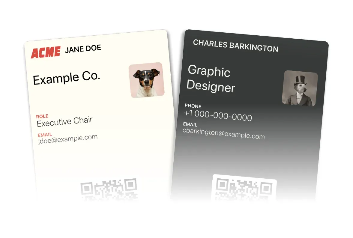 Two branded Apple Wallet digital business cards with names, roles, and QR codes