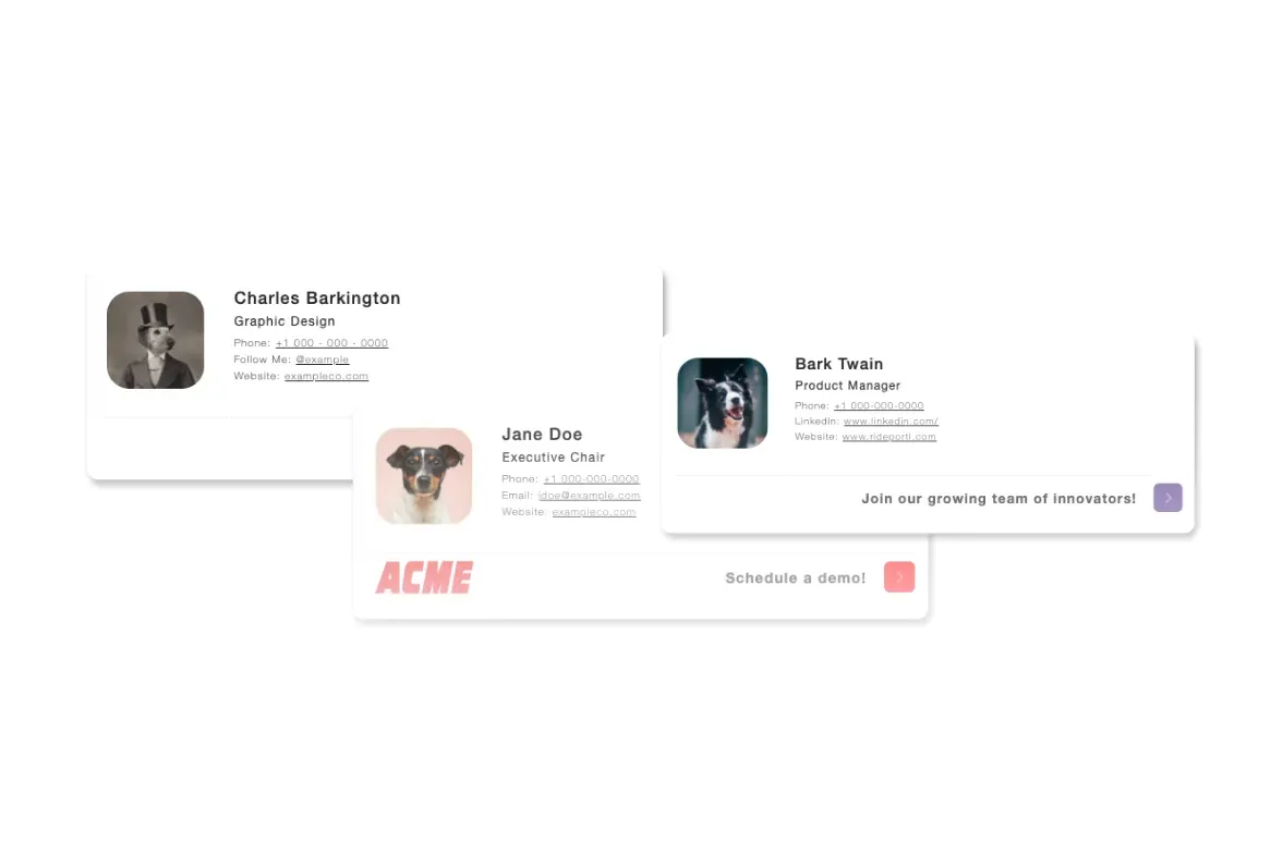 Branded email signatures with team member photos, contact details, and call-to-action buttons