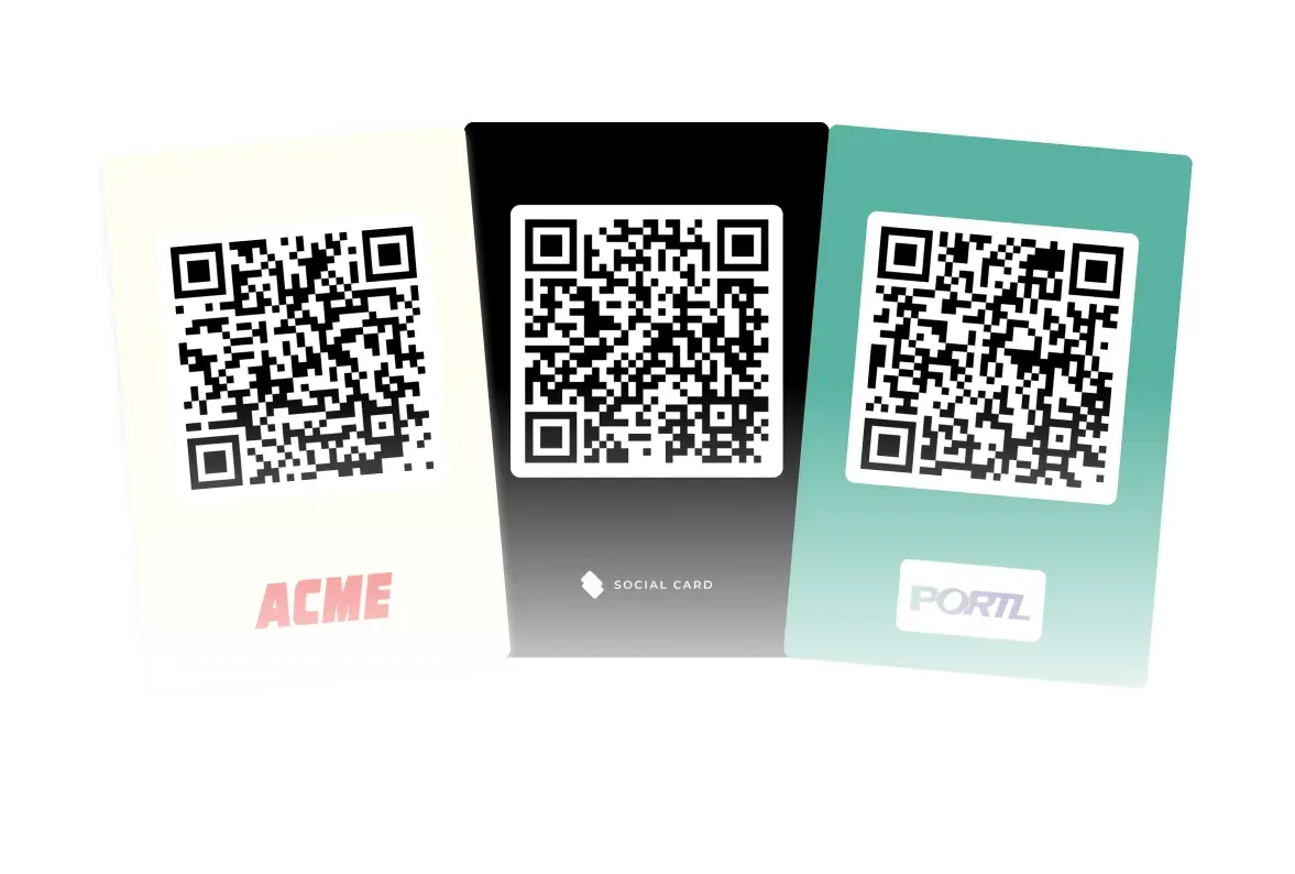 Three branded QR code cards for ACME, Social Card, and PORTL