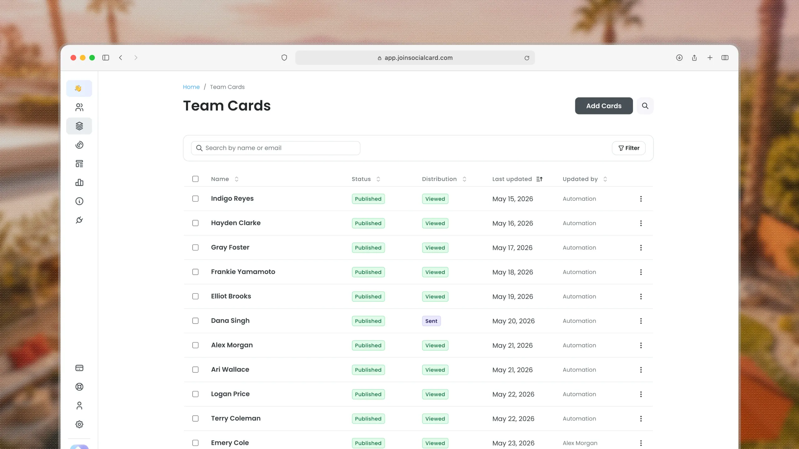 A team's business cards listed in one dashboard, each showing its published and distribution status