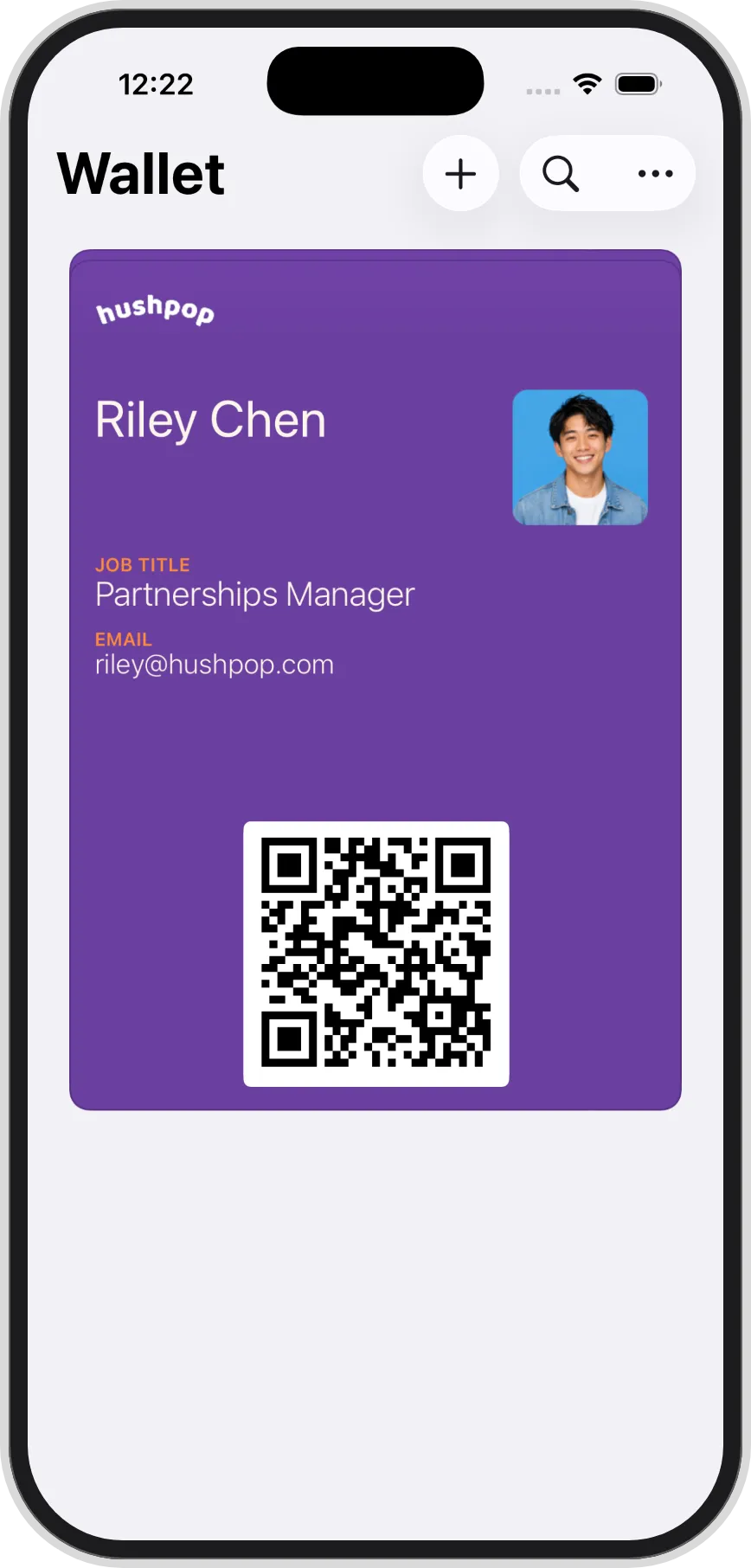 Riley Chen, Partnerships Manager at Hushpop, on a Hushpop-branded Apple Wallet pass