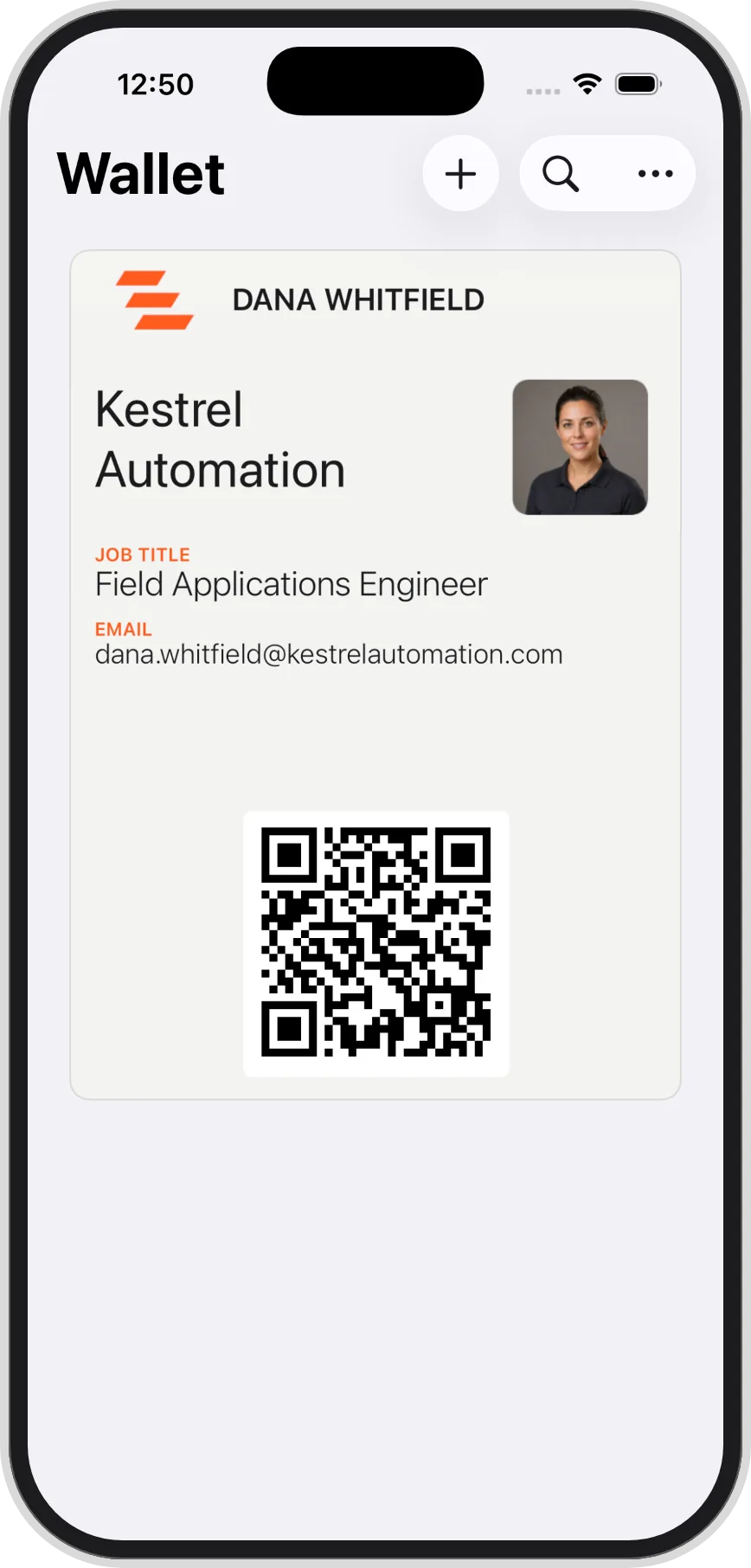 The same brand system as a wallet pass on a phone, carrying the company mark, palette, and employee photo