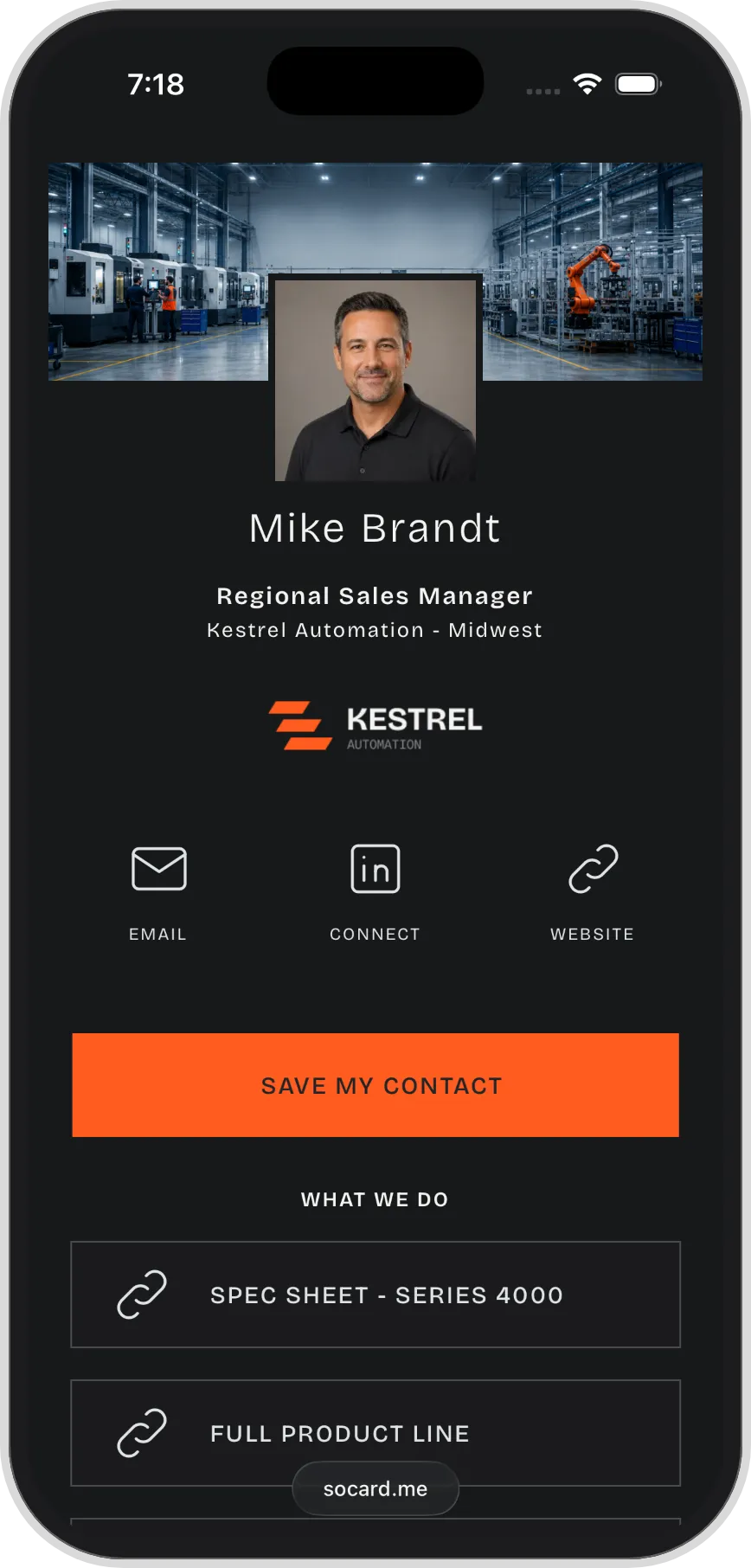 A team member's branded web business card, shown on a phone