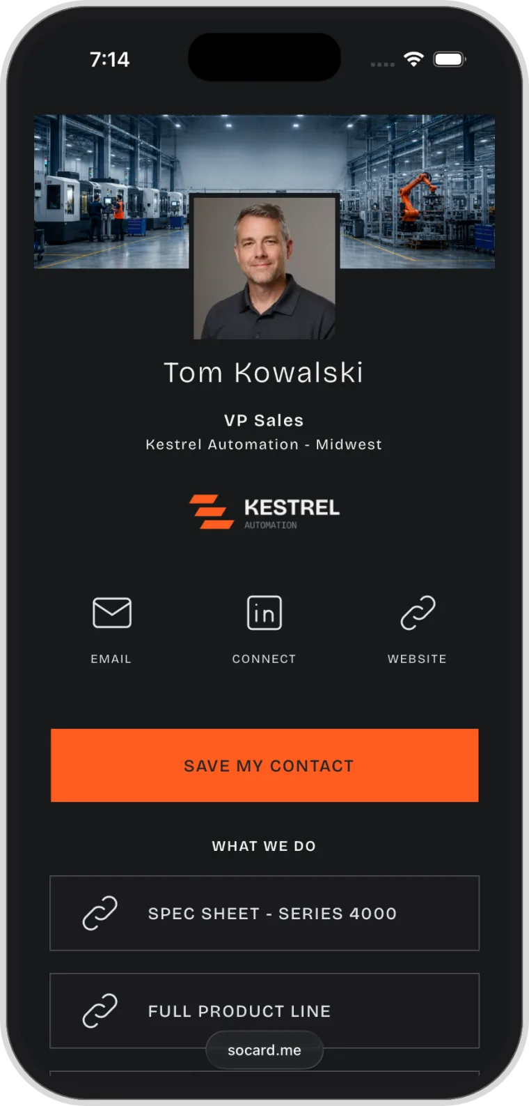 A digital business card web page on a phone, rendering the company's own palette, typeface, and logo