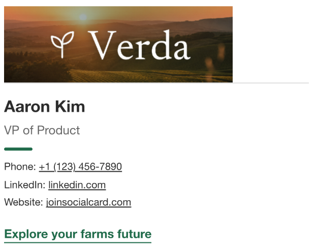 A branded email signature at the foot of a message, in a layout with a brand banner, labelled contact rows, and a call to action