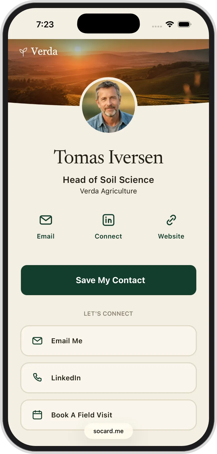 A team member's branded web business card, shown on a phone