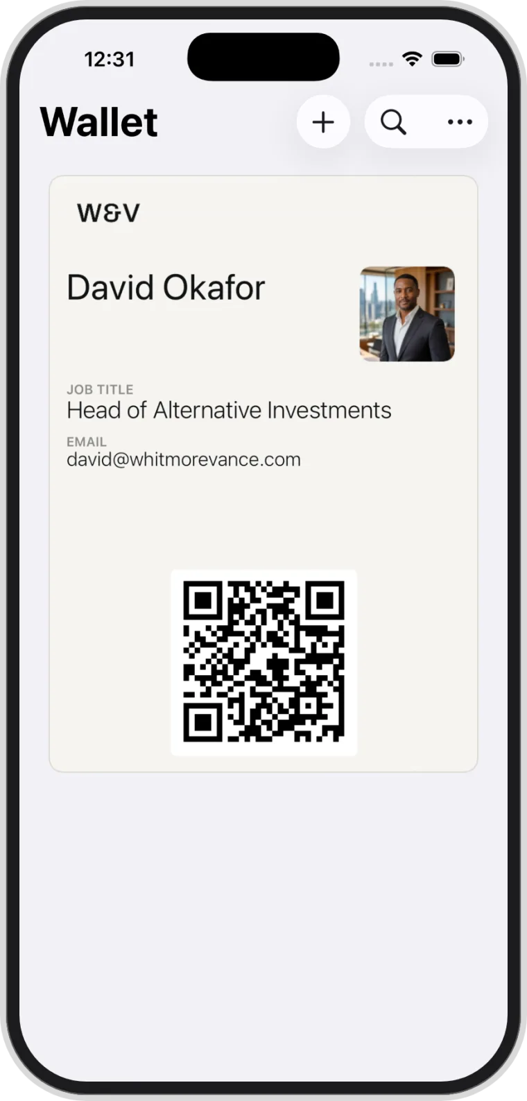 The same brand system as an Apple Wallet pass, carrying the Whitmore & Vance mark, palette, and employee photo