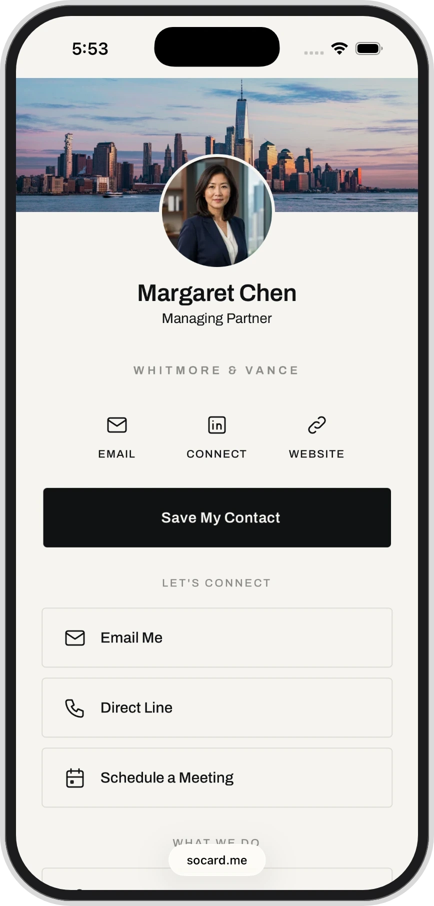 A Whitmore & Vance digital business card web page on a phone, rendering the firm's own palette, typeface, and logo