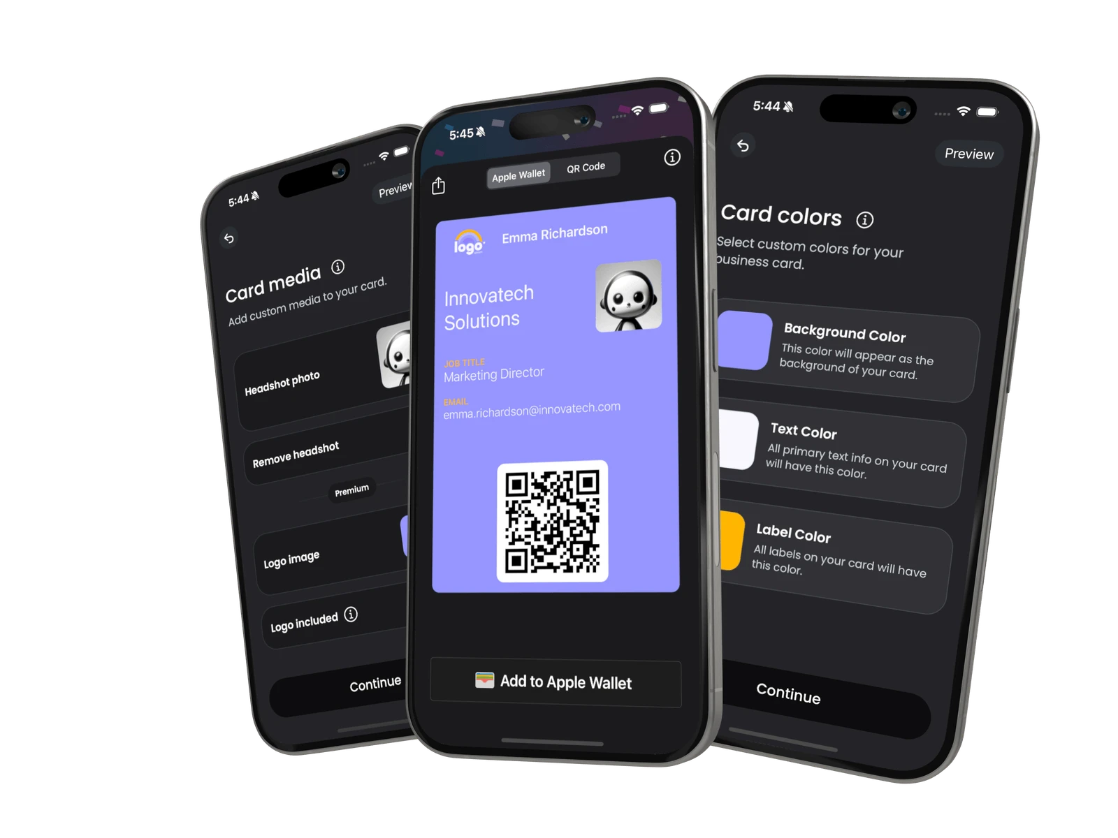 Social Card app screens for choosing card colors and background, uploading a photo and logo, and previewing the finished card