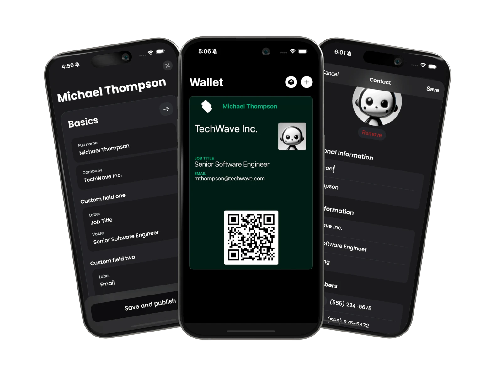 The Social Card editor with custom fields, the finished card in Apple Wallet, and a saved contact on iPhone