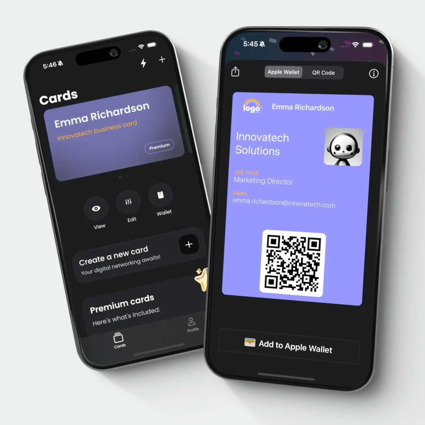 The Social Card iPhone app showing a digital business card with a QR code and an Add to Apple Wallet button