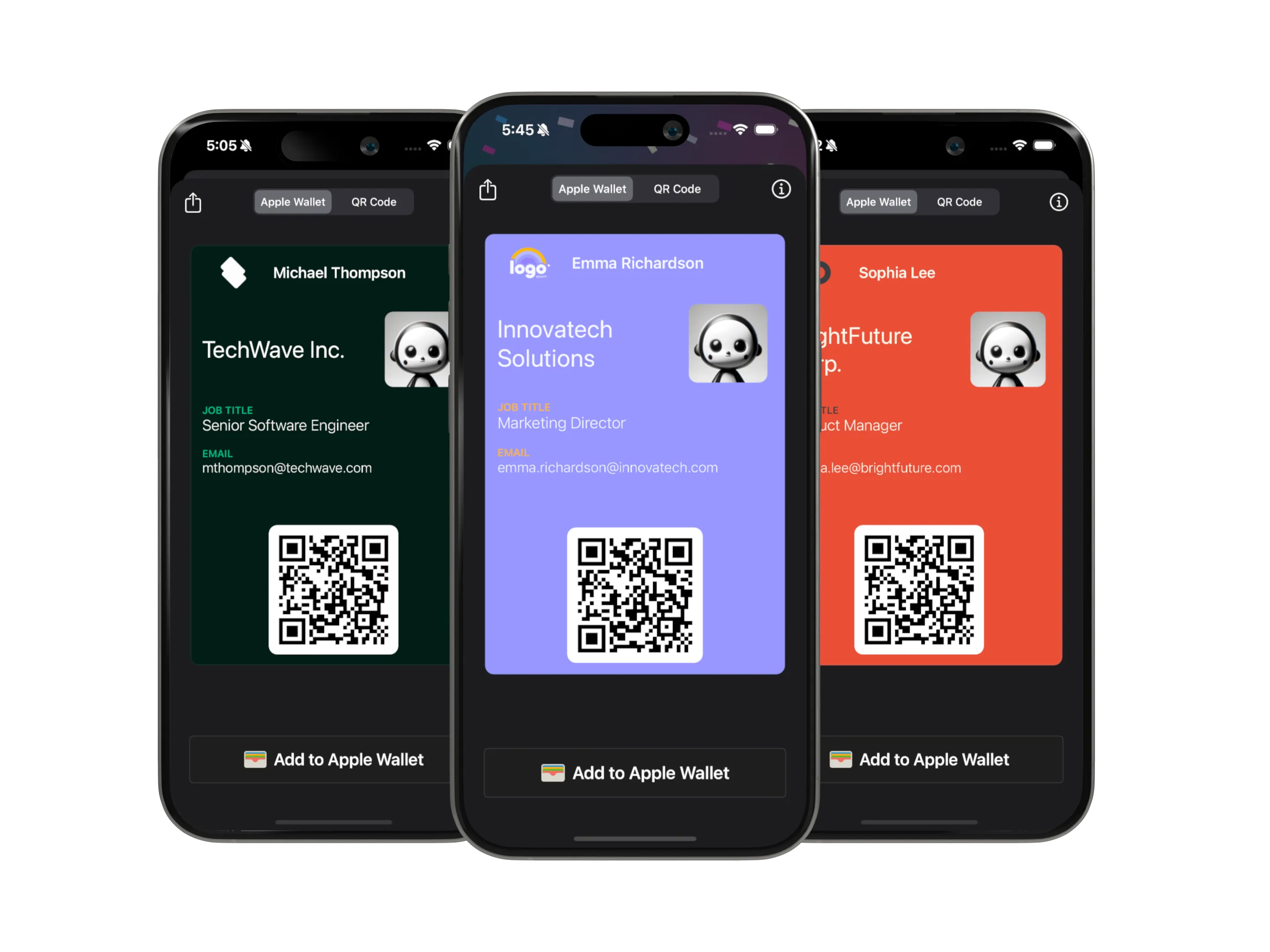 Three iPhones showing Social Card business cards in Apple Wallet, each with the cardholder's details and a QR code