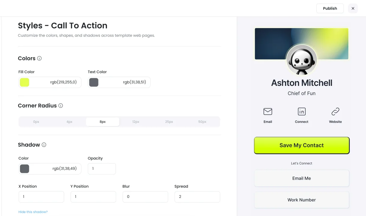 Social Card brand customization editor showing web appearance styles