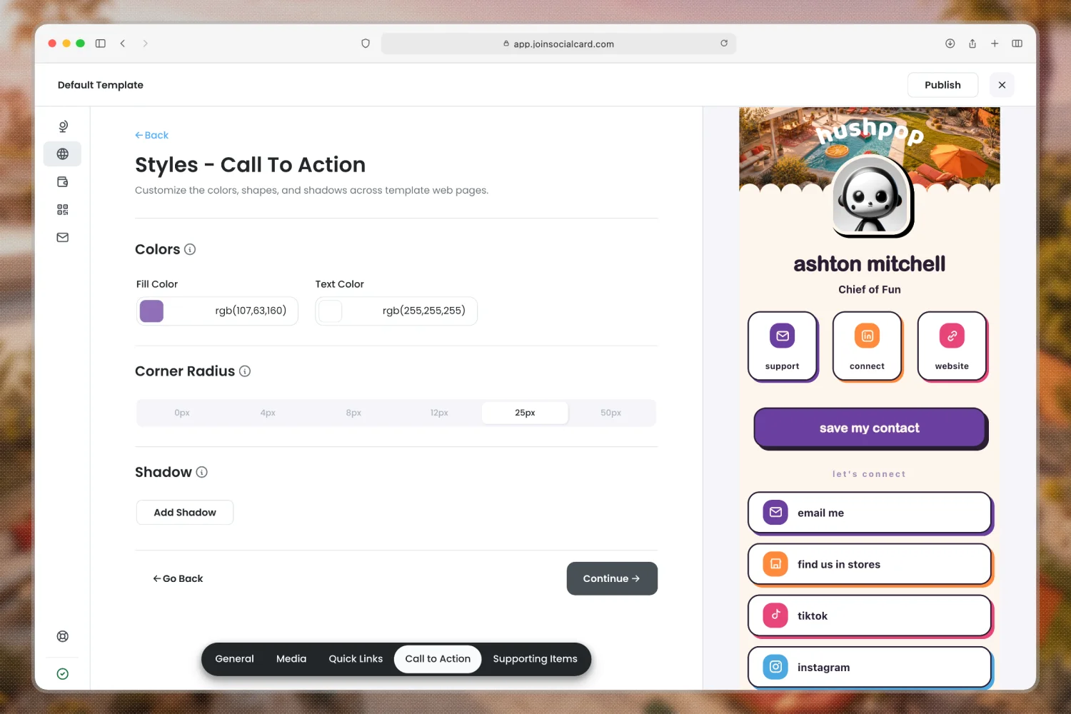 The Social Card template editor styling a call-to-action button: fill and text color pickers, corner radius, and shadow controls, with a live branded business card preview alongside