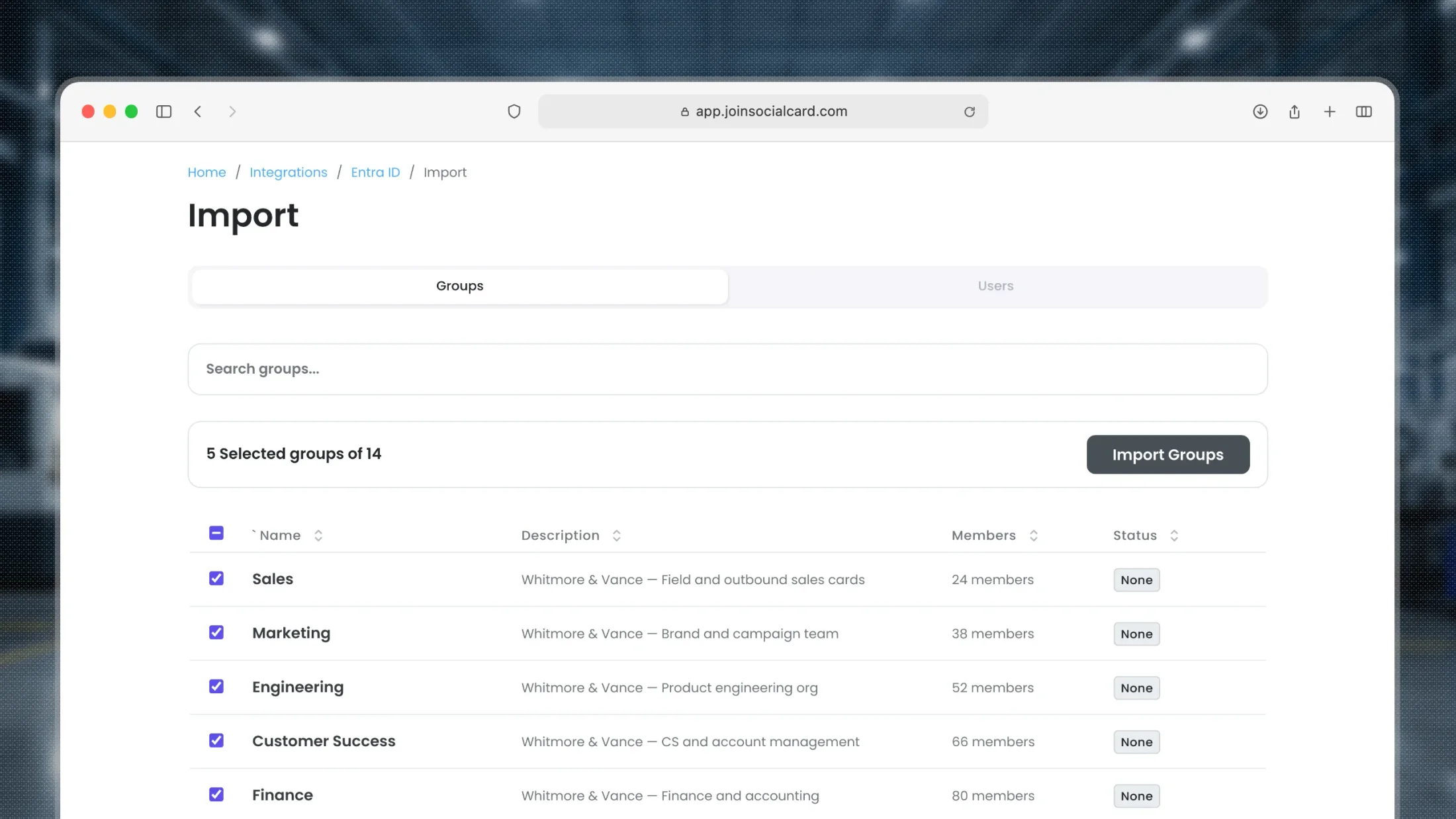 The Social Card admin importing directory groups from Entra ID: Sales, Marketing, Engineering, Customer Success, and Finance selected for bulk card provisioning
