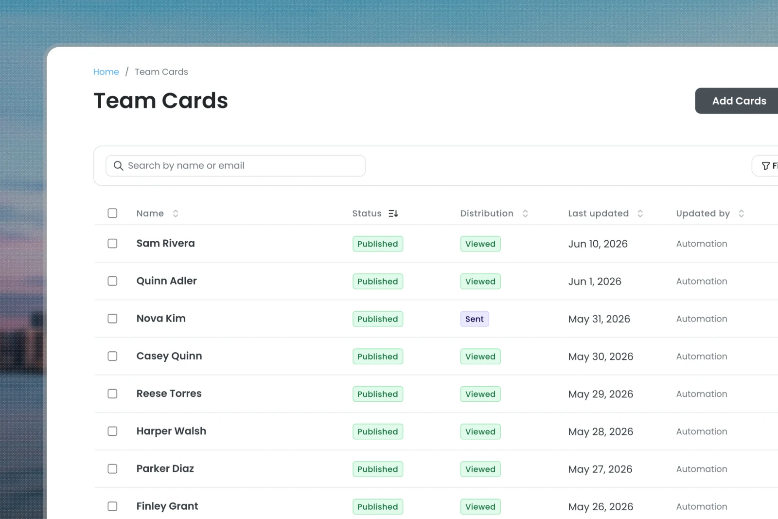 One person's business card in Social Card across web, wallet, QR, and email signature surfaces.