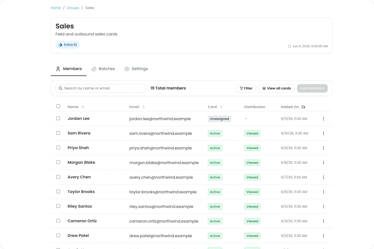 Social Card central management view showing a Sales group synced from Entra ID with per-member card status and distribution tracking