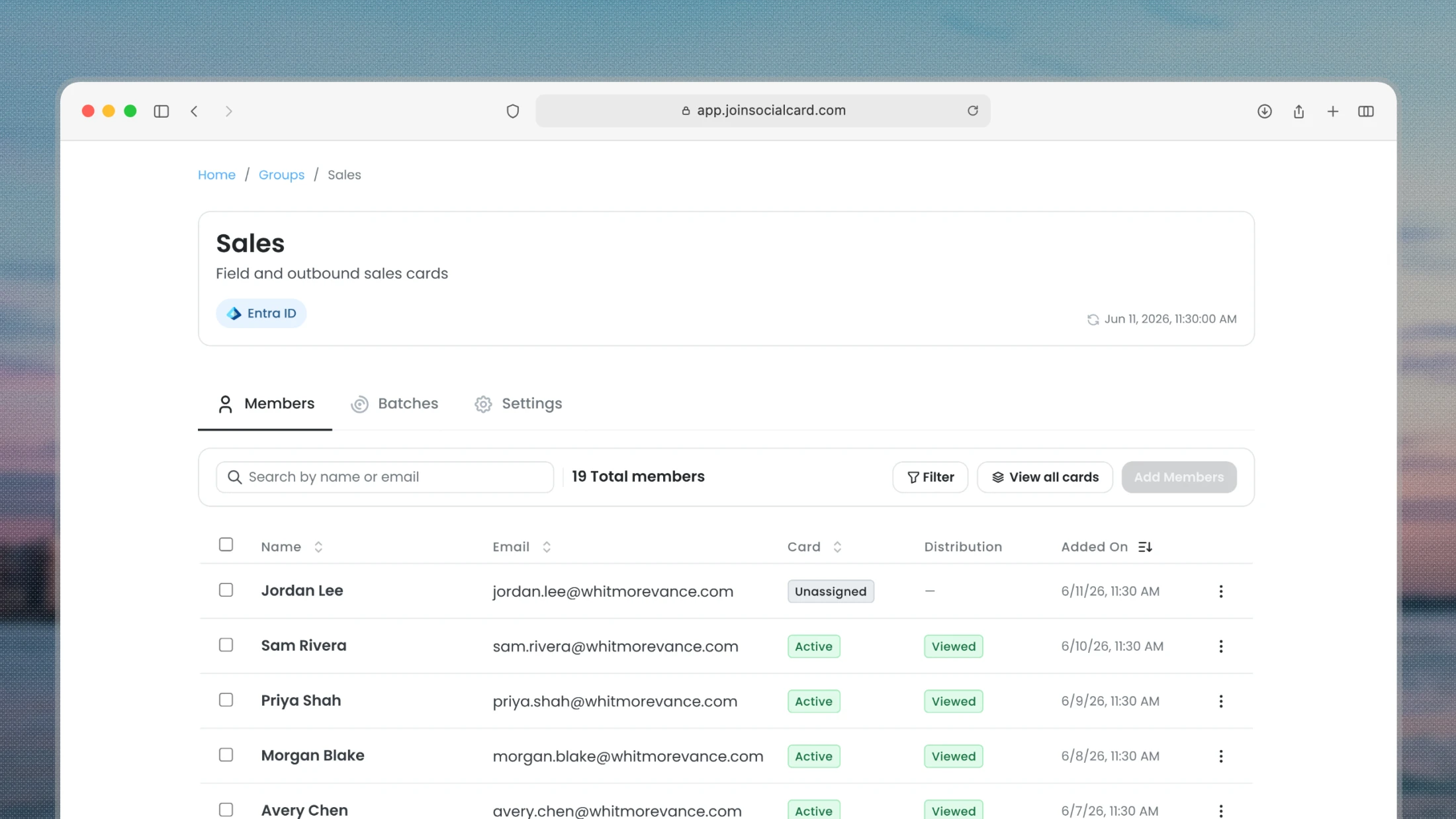 Groups view in Social Card: business cards organized by team, region, and role, each with its own shared template.