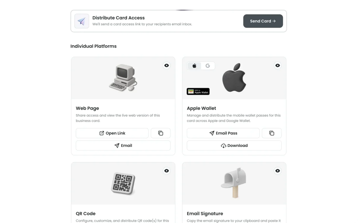 Social Card distribute screen showing web page, Apple Wallet, QR code, and email signature delivery options for a card
