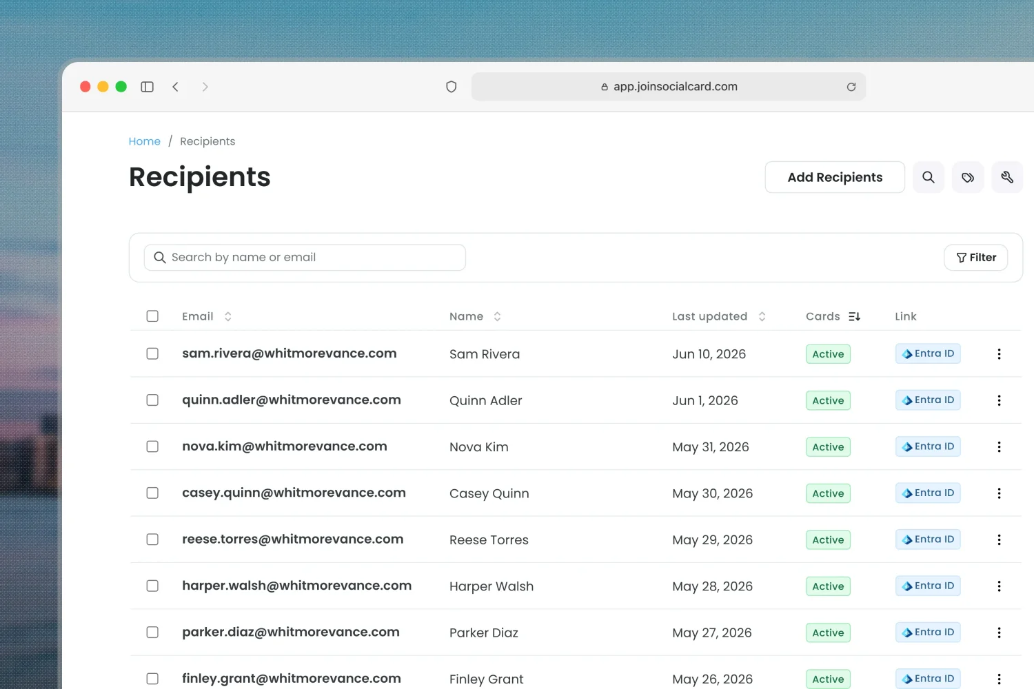Team directory in Social Card: recipients synced from the company directory with names, roles, and per-person card status.