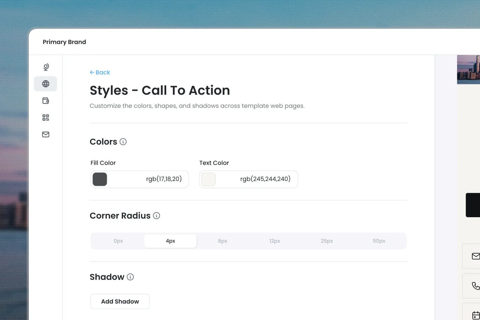 The template editor in Social Card: surface rail for web, wallet, QR, and email on the left, call-to-action styles being set in the middle, and the live card preview updating on the right.